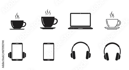 Simple icons of coffee cups laptops phones and headphones