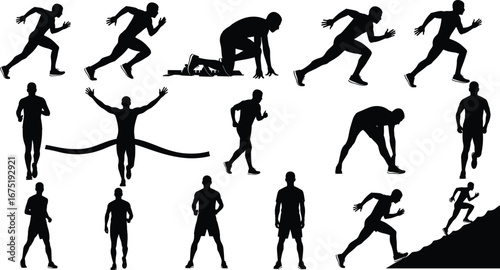 Silhouette of male runner sprinting, starting block, crossing finish line, jogging, stretching, uphill running, athletic fitness, marathon training, exercise concept.