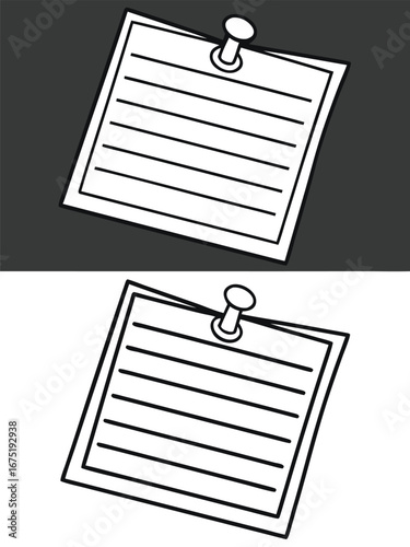 Memo note with push pin in monochrome with horizontal lines and message reminder for bulletin board communication and daily tasks