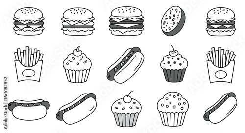 A collection of various fast food items and desserts illustrated in black and white