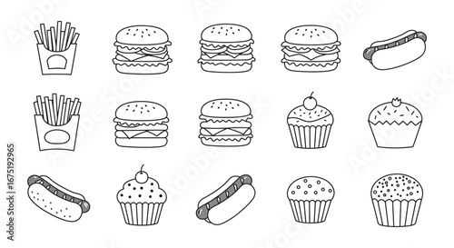 A collection of various fast food items and desserts