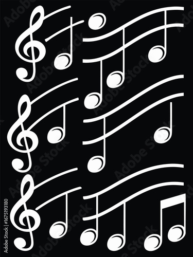Musical Notes and Clef Floating on Staff Lines White on Black Background Graphic Design Element for Composers