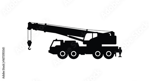 Black silhouette of a large truck mounted crane with hook