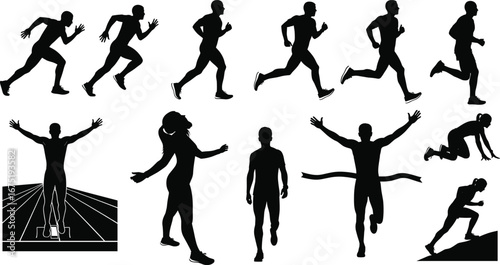 Silhouette runners in various sprinting, running, and finishing positions, athlete motion, track race, marathon training, sports competition, fitness workout.