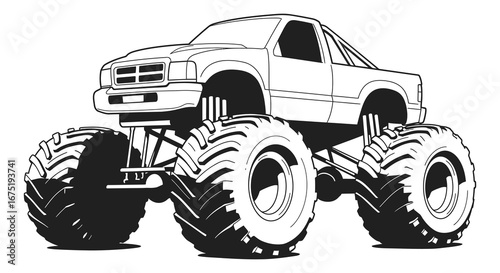 A large monster truck with oversized tires and a lifted suspension system