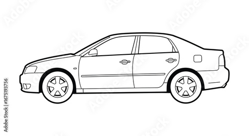 A black and white line drawing of a four door sedan car