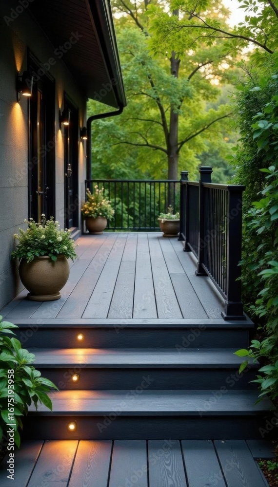Fototapeta premium Multilevel ash grey composite deck, subtle lighting , lighting, renovation, exterior