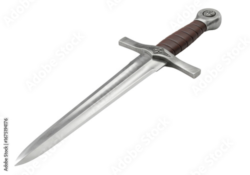 Isolated Medieval Sword Dagger Weapon with Leather Grip and Silver Guard, Hilt and Pommel
