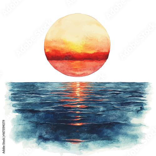 Sunset Over Ocean, watercolor illustration vector, isolated on a white background.