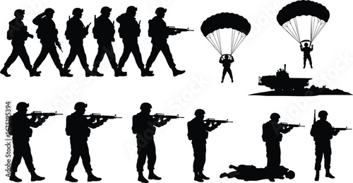 Soldier silhouettes, military army vector, armed forces, soldiers marching, shooting rifles, paratroopers landing, war combat, battlefield army illustration design