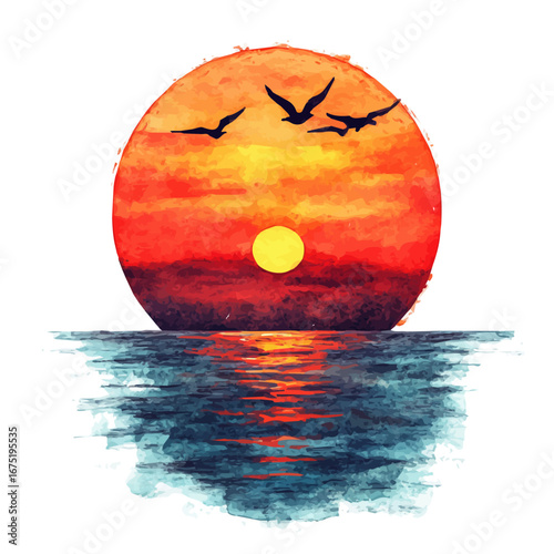 Sunset Over Calm Ocean, watercolor clipart vector, isolated on a white background.