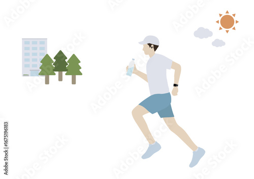 Morning jogging man with earphones, water bottle and smartwatch illustration