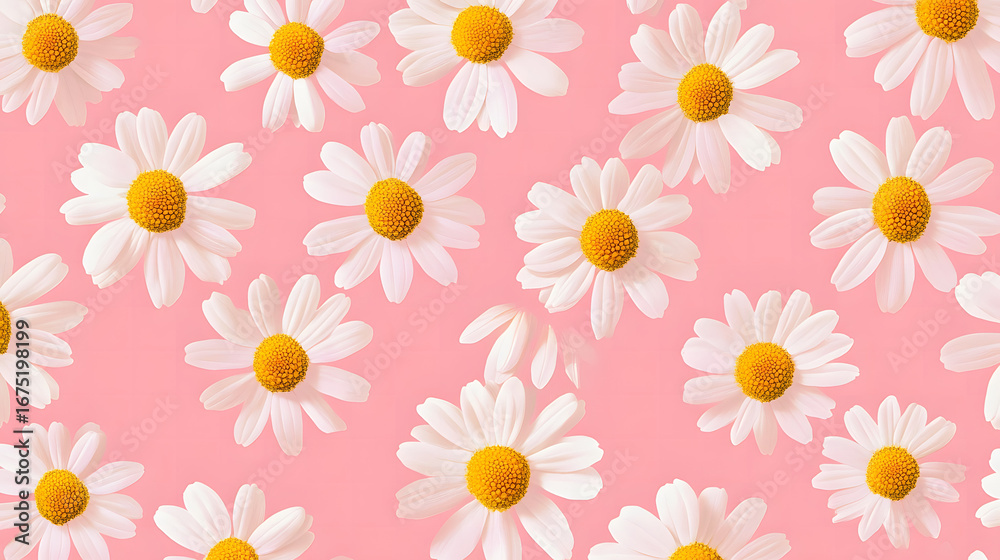 White daisies with yellow centers on a pink background White daisies with yellow centers on a pink background