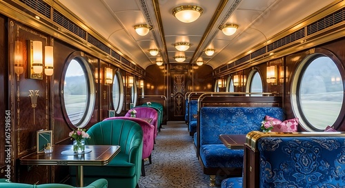 Luxury train interior with vintage design and plush seating