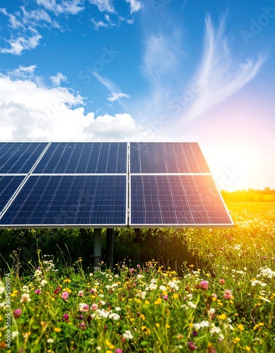 Solar panels in a flower field under a bright sky