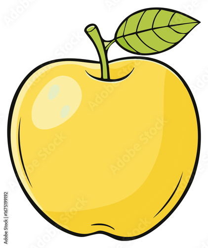 Isolated Yellow Apple Cartoon with Green Stem and Leaf Clip Art for Illustration and Design