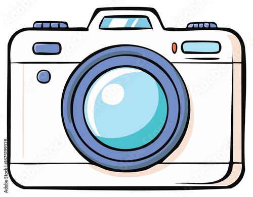A Hand Drawn Illustration of a Simple White Camera with Blue Accents and a Reflective Lens
