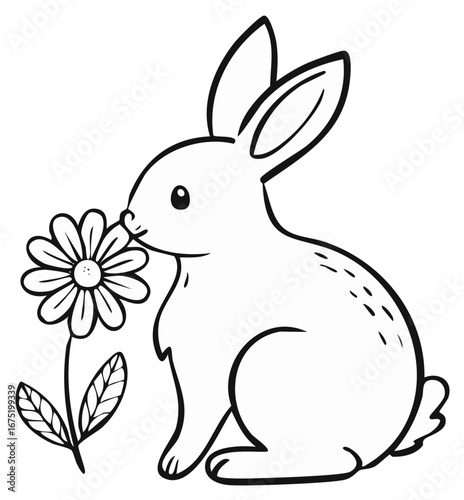 Cute cartoon rabbit smelling a daisy flower, line art illustration for coloring