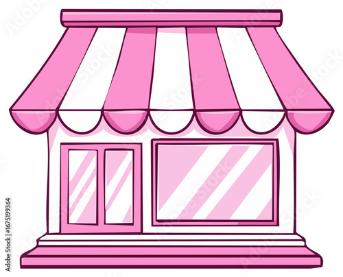 Cartoon pink shop with an awning, doors, and a display window