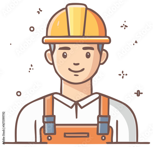 Friendly construction worker wearing hard hat and overalls smiling confidently