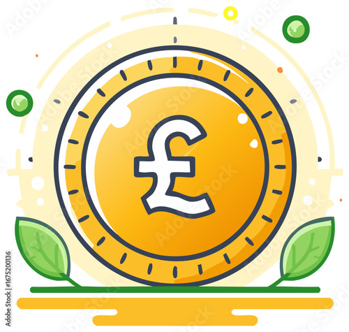 Vibrant golden pound sterling coin with green leaves symbolizing financial growth