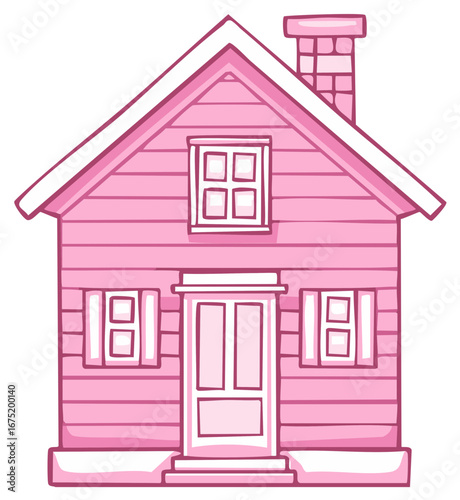 Pink house illustration, cartoon style with a chimney and windows, design concept