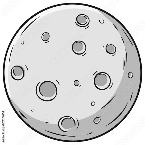 Cartoon illustration of the Moon with craters and shading in shades of gray