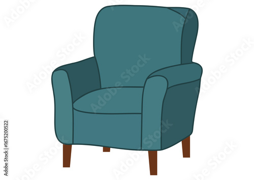 A cozy teal armchair isolated on a white background. Simple flat illustration of comfortable furniture for modern home interior design. Relaxation and domestic comfort concept.