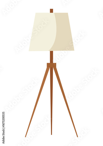 Floor lamp with beige shade and brown tripod stand. Modern interior lighting element for home decor. Isolated object.