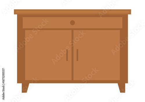 Wooden cabinet with drawer and two doors. Simple furniture for home interior and storage needs. Isolated element on white.