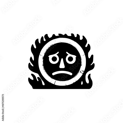 Fear Emoji Icon Set Surrounded by Flames in Flat Vector Style Representing Stress Concept