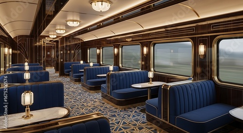 Luxurious train interior with blue velvet seating and vintage decor