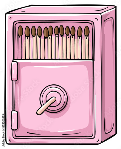 Surreal cartoon illustration of a pink safe holding a row of matches