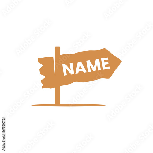 Brown directional sign with the word "NAME" in white, pointing to the right, isolated on a white background.