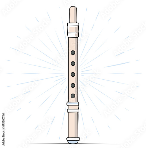 Stylized wooden recorder with sunburst effect shining music wind instrument simple illustration