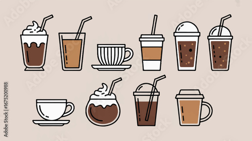 A simple line art illustration of various coffee drinks arranged in two rows against a light beige background 
