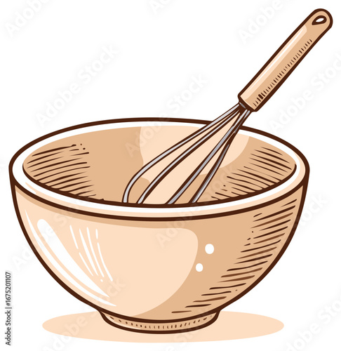 Illustration of a cartoon style mixing bowl containing an egg whisk, perfect for baking concepts or food preparations