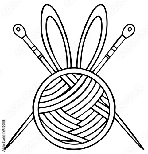 Easter craft illustration with bunny ears, knitting needles and ball of yarn.