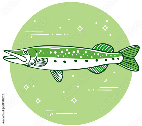 Illustration of a green fish with white spots swimming in green water