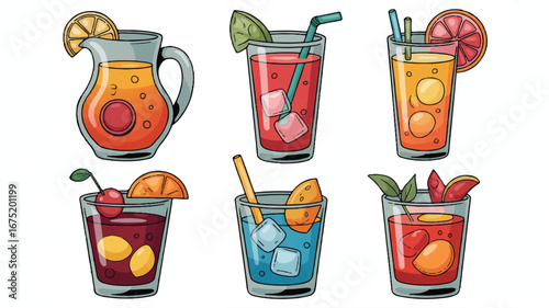 A stylized illustration of six colorful cocktails arranged in two rows of three.  
