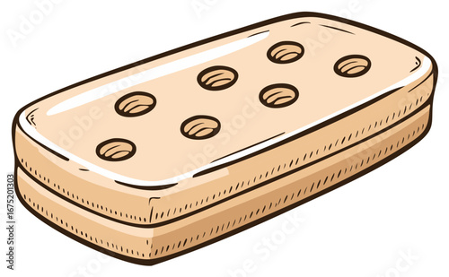 Illustration of a biscuit with six holes on a white background