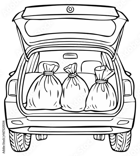 A black and white line art drawing of a car with its open trunk full of large tied sacks