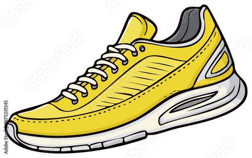 Stylized yellow athletic shoe with white laces and cushioned sole