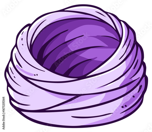 Cartoonish illustration of a rolled turban in shades of purple.