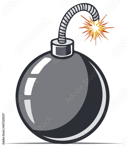 Retro Cartoon Bomb Ignited with Fiery Spark Threatening Explosion Danger Destruction