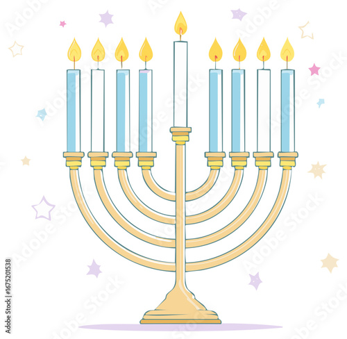 Hanukkah Menorah with Nine Lit Candles and Colorful Star Decorations on Background