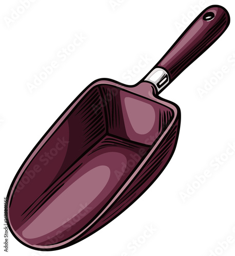 Handheld garden scoop with dark purple handle and scoop for planting and gardening tasks