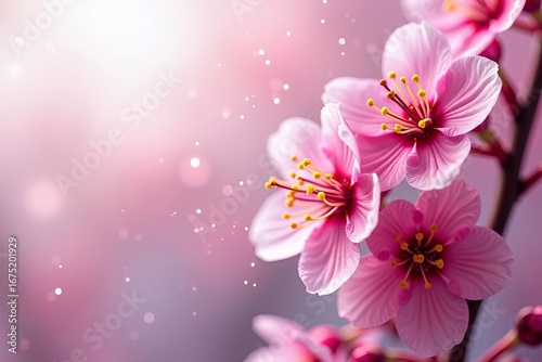 Cherry blossom branch with vibrant pink flowers in spring, soft bokeh background and gentle sunlight for nature and beauty concepts