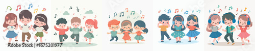 Cute Handdrawn Dancing Children Group with Musical Notes Illustration Collection