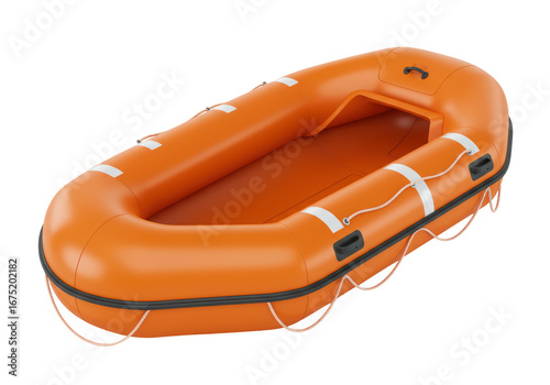 Isolated orange inflatable life raft with white stripes and a black rubber bumper strip